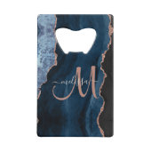 Chic Blue Rose Gold Glitzer Agate Custom Monogram Geldbeutel Flaschenöffner (Vorderseite)