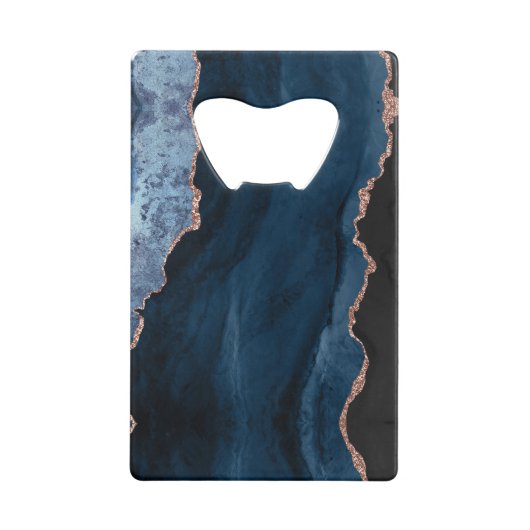 Chic Blue Rose Gold Glitzer Agate Custom Monogram Geldbeutel Flaschenöffner (Rückseite)