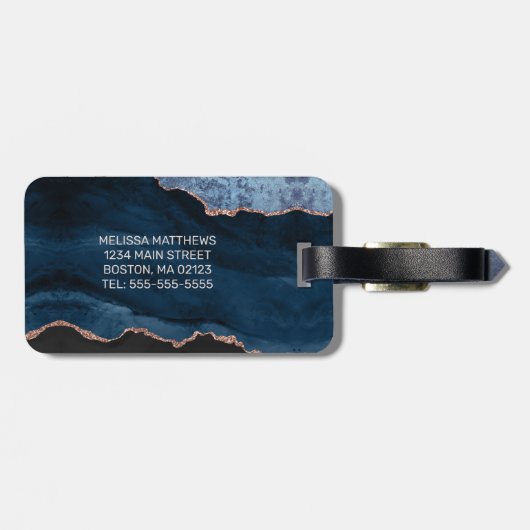 Chic Blue Rose Gold Glitzer Agate Custom Monogram Gepäckanhänger (Rückseite horizontal)