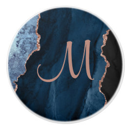 Chic Blue Rose Gold Glitzer Agate Custom Monogram Keramikknauf