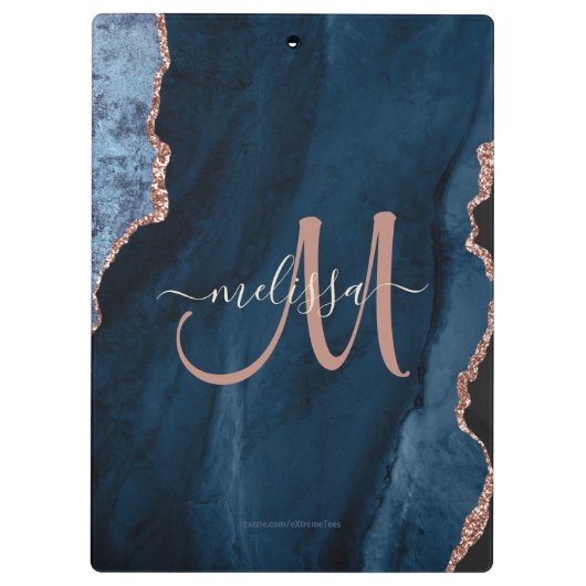 Chic Blue Rose Gold Glitzer Agate Custom Monogram Klemmbrett (Rückseite)