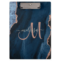 Chic Blue Rose Gold Glitzer Agate Custom Monogram