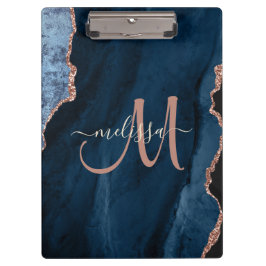 Chic Blue Rose Gold Glitzer Agate Custom Monogram Klemmbrett