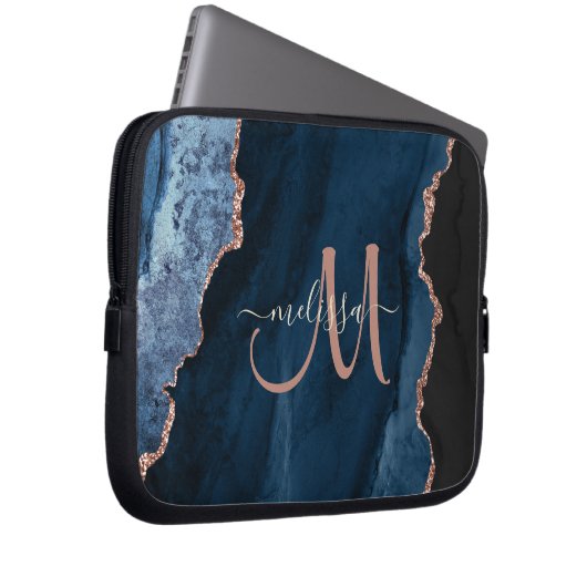 Chic Blue Rose Gold Glitzer Agate Custom Monogram Laptopschutzhülle (Vorne Rechts)