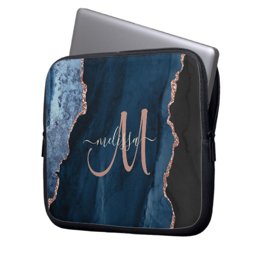 Chic Blue Rose Gold Glitzer Agate Custom Monogram Laptopschutzhülle (Vorderseite Links)