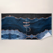 Chic Blue Rose Gold Glitzer Agate Custom Monogram Strandtuch (Vorderseite)