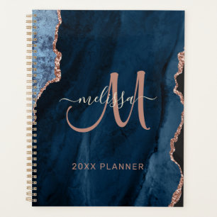 Chic Blue Rose Gold Glitzer Agate Monogram 2024 Planer