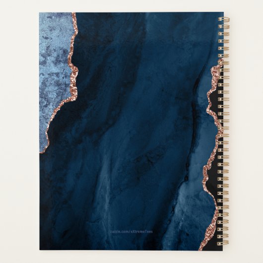 Chic Blue Rose Gold Glitzer Agate Monogram 2024 Planer (Rückseite)