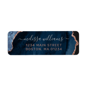 Chic Blue Rose Gold Glitzer Agate Rücksendeadresse