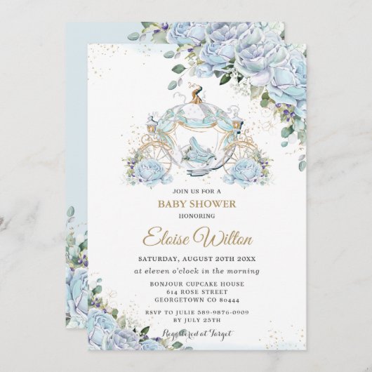 Chic Blue Rose Princess Carriage Baby Dusche Einladung (Vorne/Hinten)