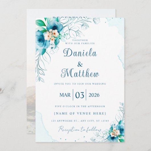 Chic Blue Rose Wedding Einladung mit QR Code (Vorne/Hinten)