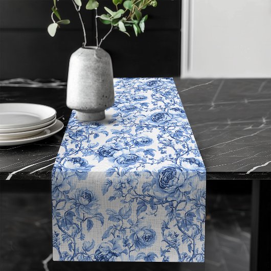 Chic Blue Roses Toile Floral Pattern Style Table  Großer Tischläufer