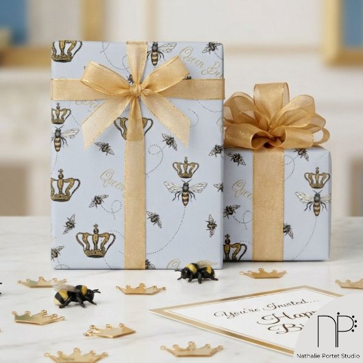 Chic Blue Royal Gold Crown Queen Bee Geschenkpapier