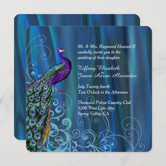 Chic Blue Satin und Peacock Hochzeit Einladung (Vorne/Hinten)