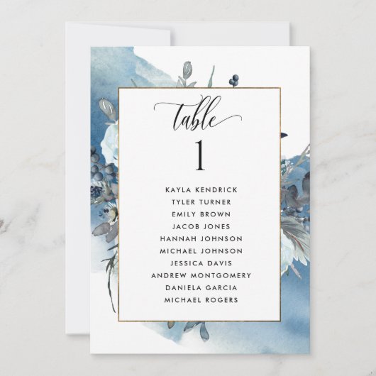 Chic Blue Seating Plan Cards mit Gästennamen (Vorderseite)