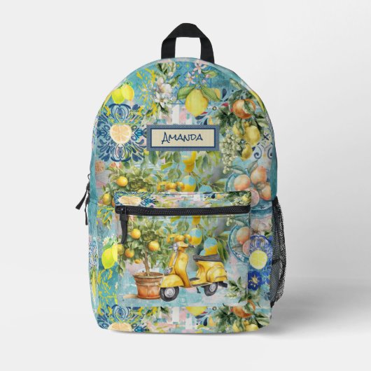Chic blue sicilian crus collage floral tiles bedruckter rucksack (Vorderseite)