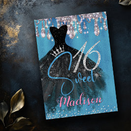 Chic Blue silber Glitzer Tropfen süß 16 Einladung