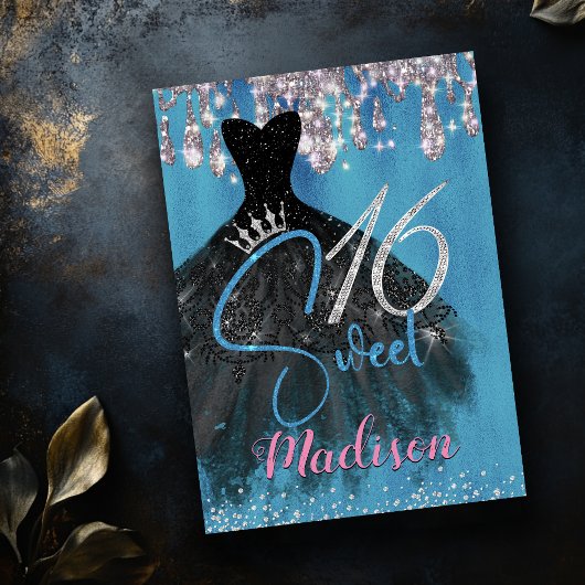 Chic Blue silber Glitzer Tropfen süß 16 Einladung