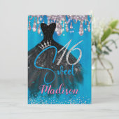 Chic Blue silber Glitzer Tropfen süß 16 Einladung (Stehend Vorderseite)