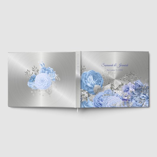 Chic Blue Silver Floral Anpassbare Hochzeit Gästebuch (Voll)