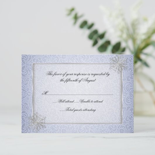 Chic Blue Snowflake Hochzeitkarte RSVP Karte (Stehend Vorderseite)