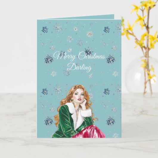 Chic Blue Snowflakes Red Head Female Karte (Gelbe Blume)