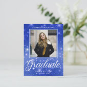 Chic Blue Sparkle Graduate Foto Abschluss Postkarte (Stehend Vorderseite)