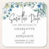 Chic Blue Spring Floral Save the Date Rechteckiger Pappuntersetzer (Vorderseite)