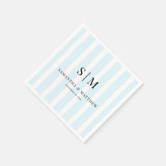 Chic Blue Stripes Elegante Couple Initials Wedding Serviette (Ecke)