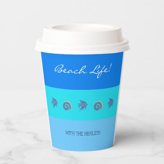 Chic Blue Stripes Fisch und Muscheln Beach House Pappbecher (Rückseite)