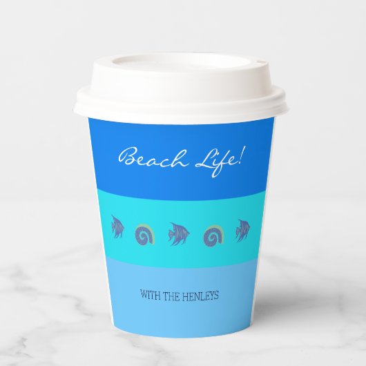 Chic Blue Stripes Fisch und Muscheln Beach House Pappbecher (Vorderseite)