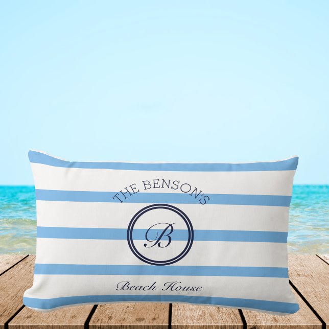 Chic Blue Stripes Monogram Family Beach House Lendenkissen (Von Creator hochgeladen)