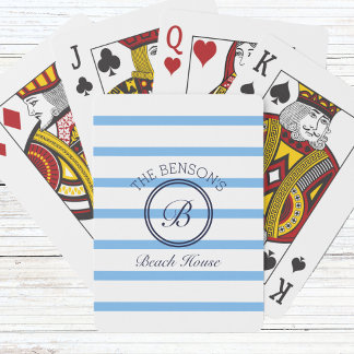 Chic Blue Stripes Monogramm und Familienname Beach Spielkarten