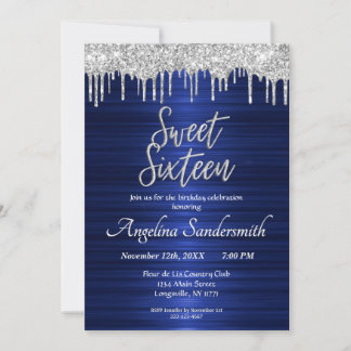 Chic Blue Sweet 16 Silver Glitzer Tropfen Einladun Einladung