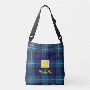 Chic Blue Tartan Personalisierter Name für Monogra Tragetaschen Mit Langen Trägern
