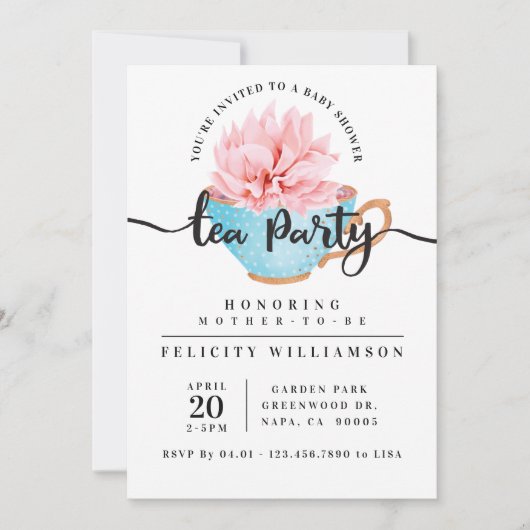 Chic Blue Teacup Tea Party Kinderdusche Einladung (Vorderseite)
