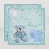 Chic Blue Teddy & Crib Baby Boy Dusche Einladung (Vorne/Hinten)