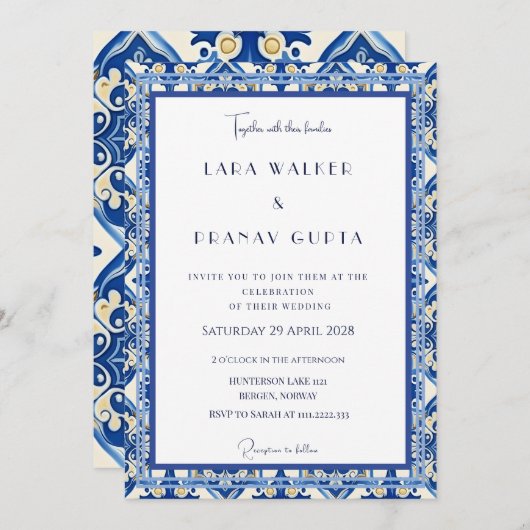 Chic Blue Tile Wedding Elegance Einladung (Vorne/Hinten)