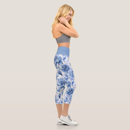 Chic Blue Toile de Jouy Capri Leggings