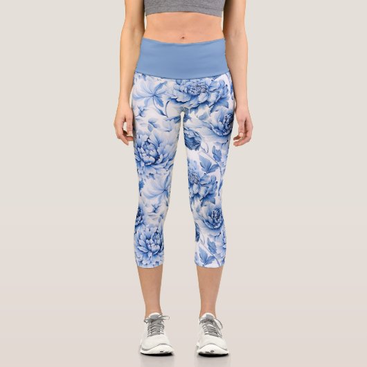 Chic Blue Toile de Jouy Capri Leggings (Vorderseite)