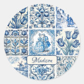 Chic Blue Toile de jouy Dolls and Blume Runder Aufkleber (Vorderseite)