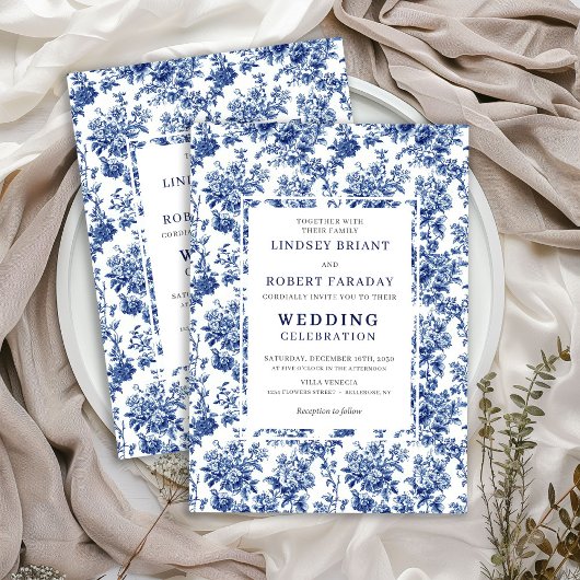 Chic Blue Toile de Jouy Elegant Wedding Invitation Einladung