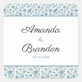 Chic Blue Toile de Jouy Floral Border Wedding Quadratischer Aufkleber