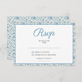 Chic Blue Toile de Jouy Floral Border Wedding RSVP Karte