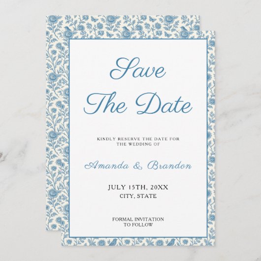 Chic Blue Toile de Jouy Floral Border Wedding Save The Date (Vorne/Hinten)