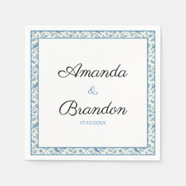 Chic Blue Toile de Jouy Floral Border Wedding Serviette