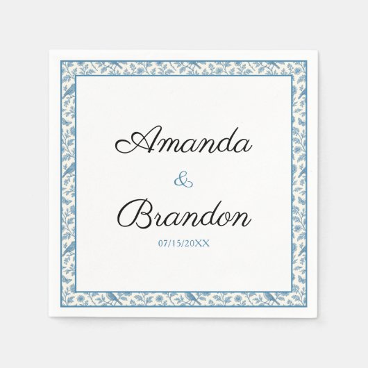 Chic Blue Toile de Jouy Floral Border Wedding Serviette (Vorderseite)