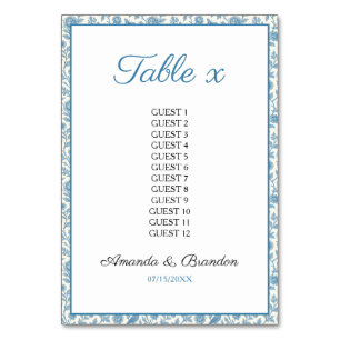 Chic Blue Toile de Jouy Floral Border Wedding Tischnummer
