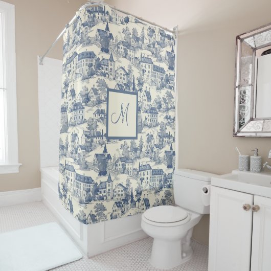 Chic Blue Toile de Jouy Village Scene Duschvorhang (Beispiel)