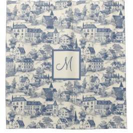 Chic Blue Toile de Jouy Village Scene Duschvorhang